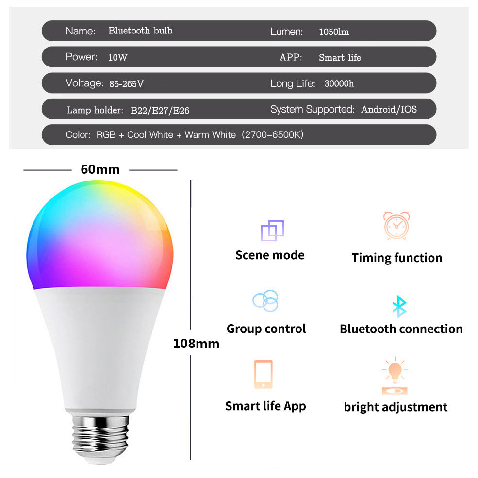 Bluetooth WiFi Smart LED Bulb RGB Color Music Sync